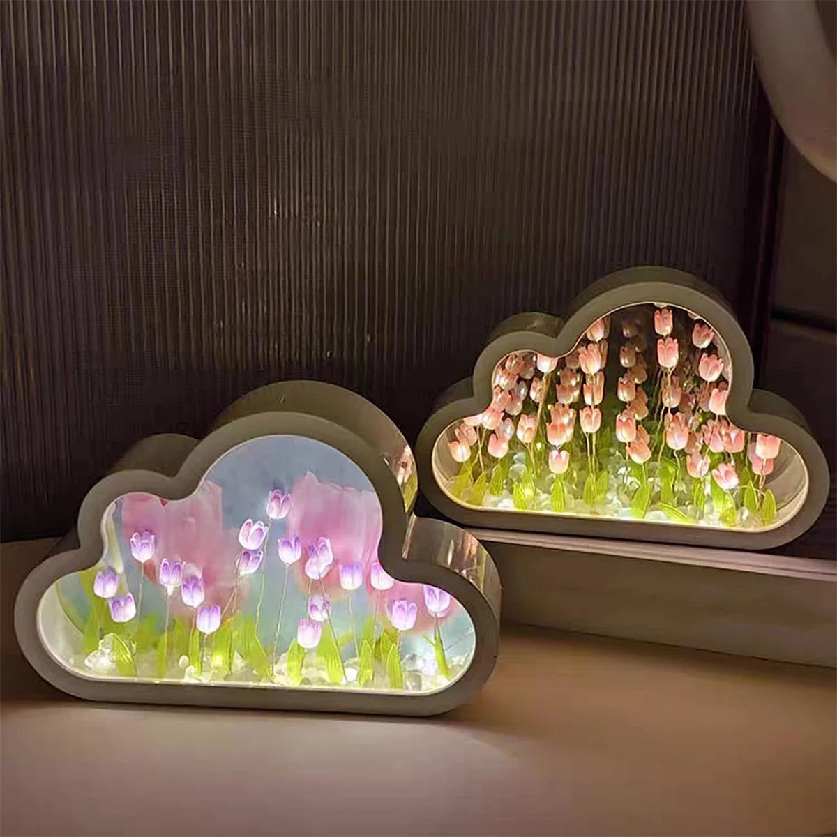 DIY Tulip Night Light, Cloud Tulip Mirror Night Light, Simulation Flower Bedroom Sleeping Table Lamp, Night Light for Bedroom,Creative Living Room Bedside Desktop Ornaments Girls(Pink)