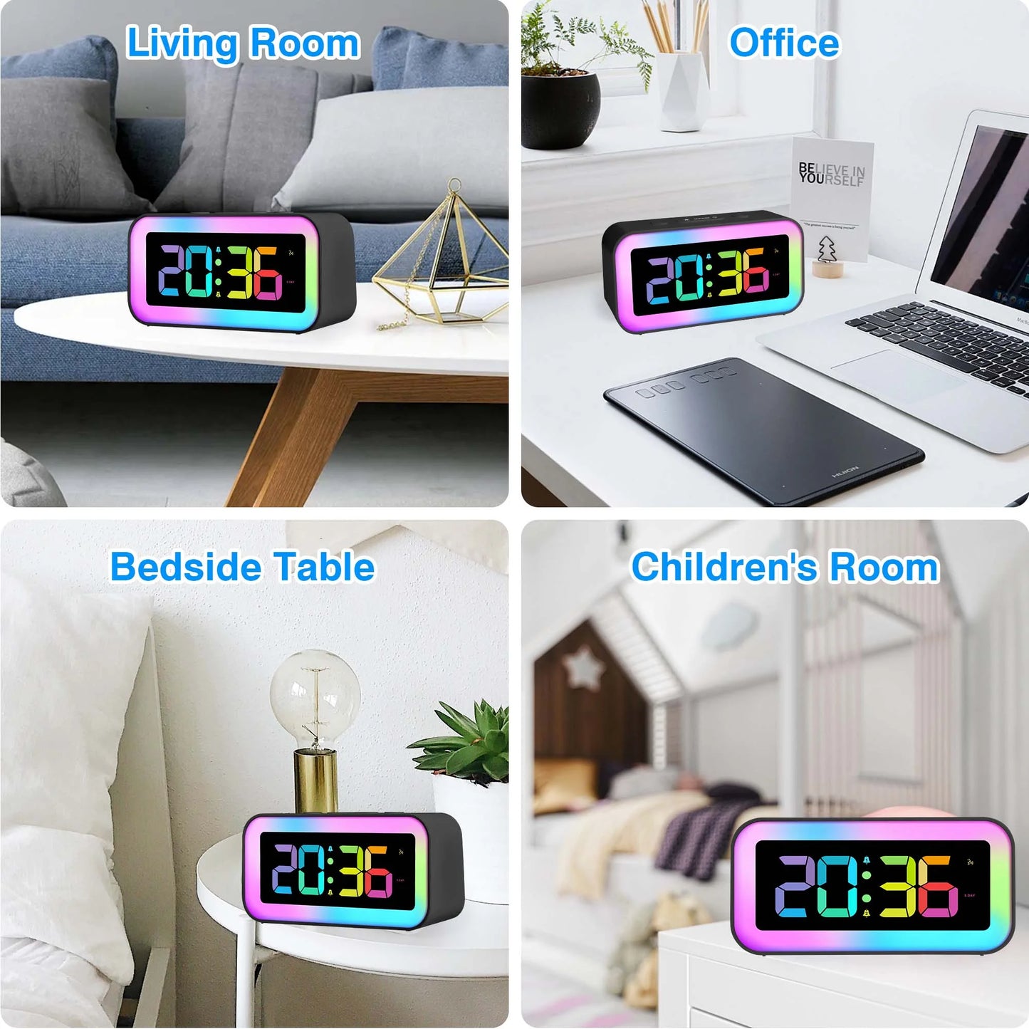 Loud Digital Alarm Clock with Dynamic RGB 8 Colors Night Light for Bedrooms Heavy Sleepers Adults,Dual Alarm,Dimmer,Usb Charger,Small Bedside Digital Clock with Led Display for Kids,Teens,Seniors