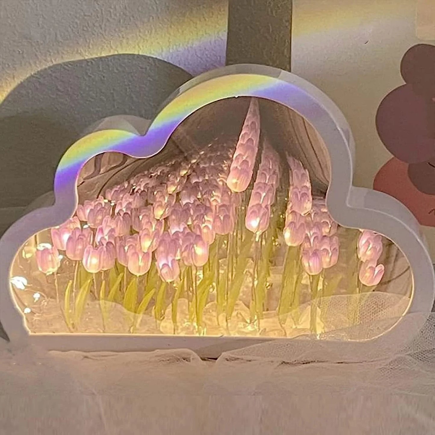 DIY Tulip Night Light, Cloud Tulip Mirror Night Light, Simulation Flower Bedroom Sleeping Table Lamp, Night Light for Bedroom,Creative Living Room Bedside Desktop Ornaments Girls(Pink)