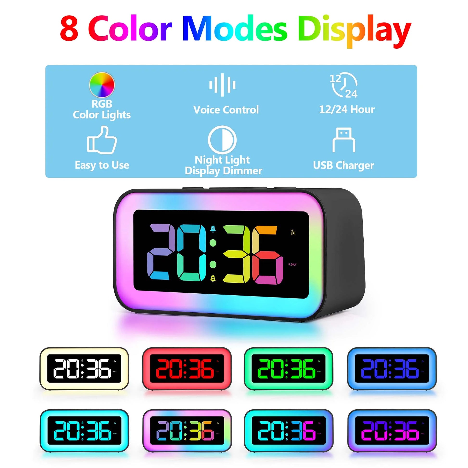 Loud Digital Alarm Clock with Dynamic RGB 8 Colors Night Light for Bedrooms Heavy Sleepers Adults,Dual Alarm,Dimmer,Usb Charger,Small Bedside Digital Clock with Led Display for Kids,Teens,Seniors