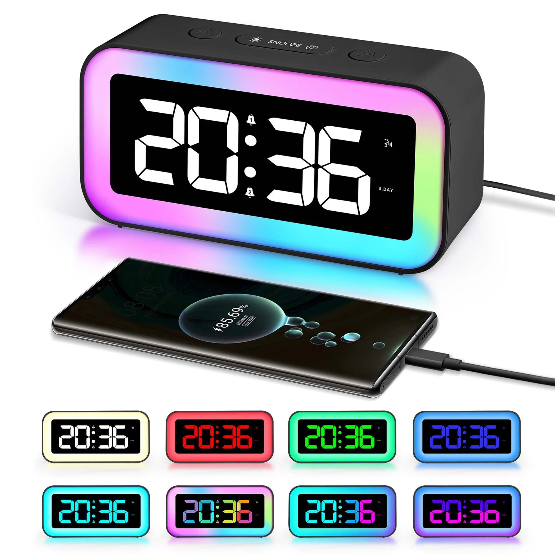 Loud Digital Alarm Clock with Dynamic RGB 8 Colors Night Light for Bedrooms Heavy Sleepers Adults,Dual Alarm,Dimmer,Usb Charger,Small Bedside Digital Clock with Led Display for Kids,Teens,Seniors