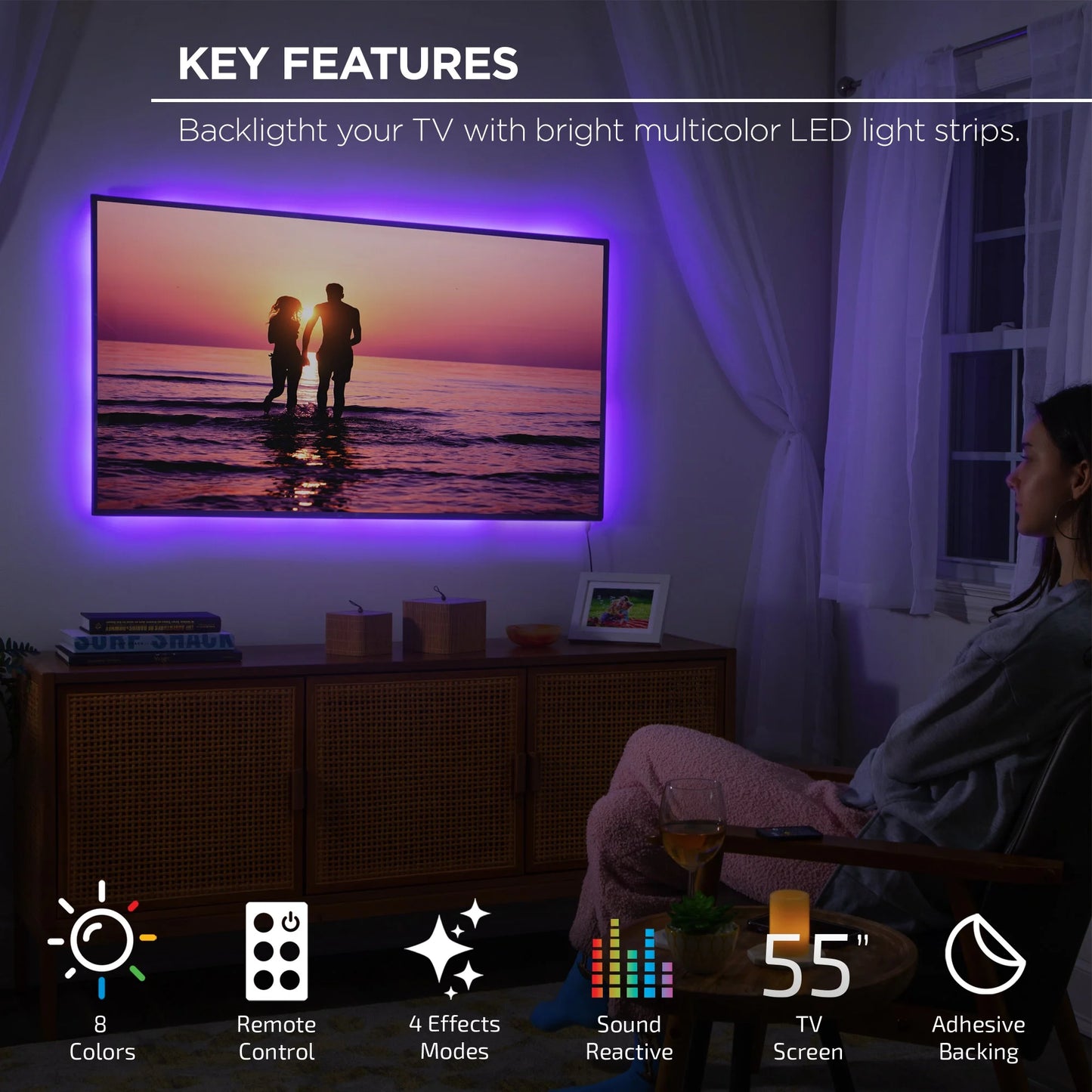 Merkury Innovations Sound Reactive TV Backlight RGB Lighting Dimmable Remote Control Corded Electric