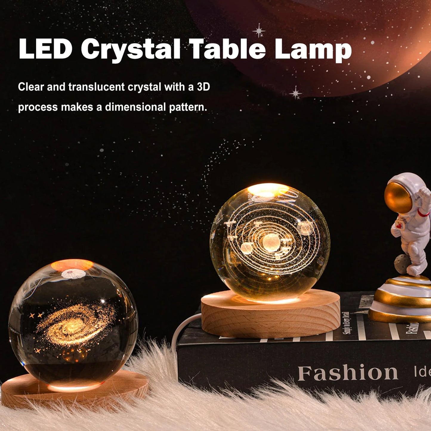 CZQIKEDA 3D Planet Crystal Ball,Usb 3D Moon Planet Globe Galaxy Night Light,Led Crystal Ball Table Lamp,Creative 3D Glowing Planetary Galaxy Astronaut Ball Night X5J6