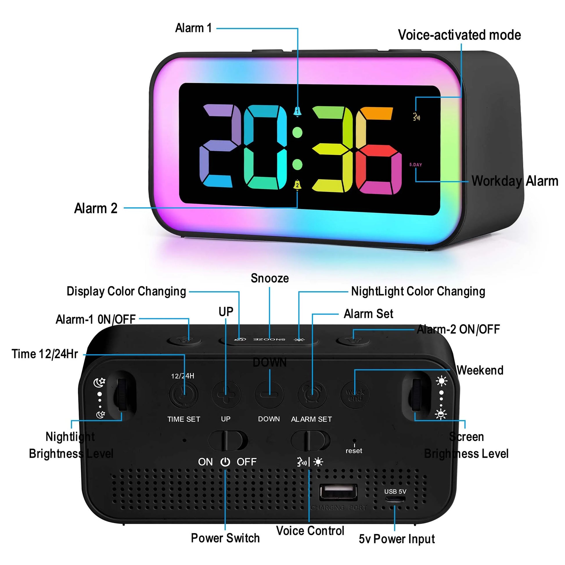 Loud Digital Alarm Clock with Dynamic RGB 8 Colors Night Light for Bedrooms Heavy Sleepers Adults,Dual Alarm,Dimmer,Usb Charger,Small Bedside Digital Clock with Led Display for Kids,Teens,Seniors