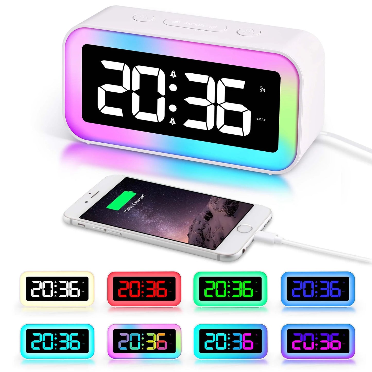 Loud Digital Alarm Clock with Dynamic RGB 8 Colors Night Light for Bedrooms Heavy Sleepers Adults,Dual Alarm,Dimmer,Usb Charger,Small Bedside Digital Clock with Led Display for Kids,Teens,Seniors